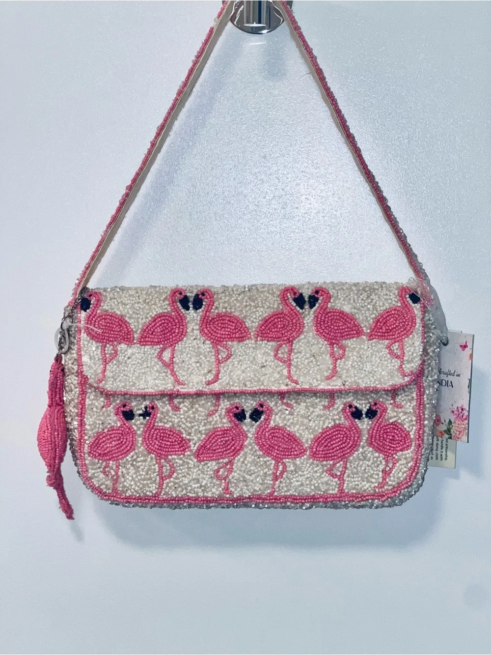 Pink Flamingo Beaded Top-Handle Bag White Sequins Viral Novelty India New - Picture 2 of 8